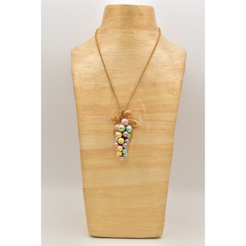 Vintage Grape Pendant Necklace Brushed Gold Multi-Color Cluster Vine Pastel BinK - Picture 7 of 12
